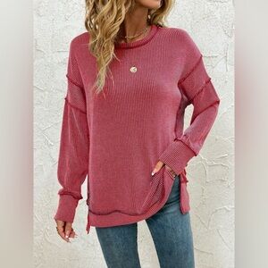Side Slit Round Neck Dropped Shoulder Sweatshirt